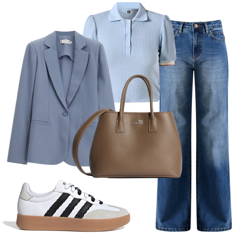 Outfit donna - Blazer di primavera. Stile Casual per Tutti i giorni. Abbinamento con borse a tracolla, blazer, polo, jeans, sneakers.