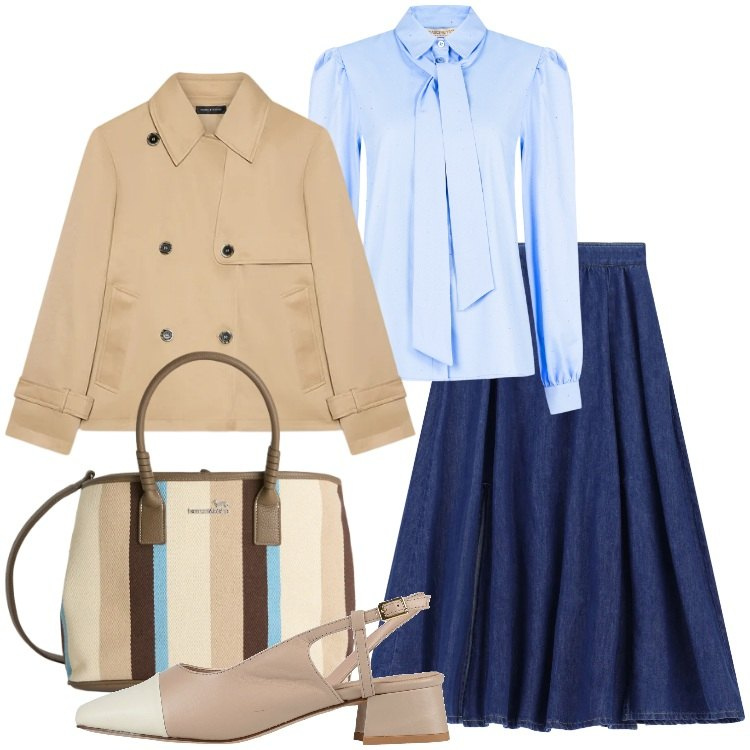 Outfit donna - La gonna in denim per l\'ufficio. Stile Bon Ton per Ufficio. Abbinamento con décolleté, shopping bag, trench, gonne lunghe, camicie.
