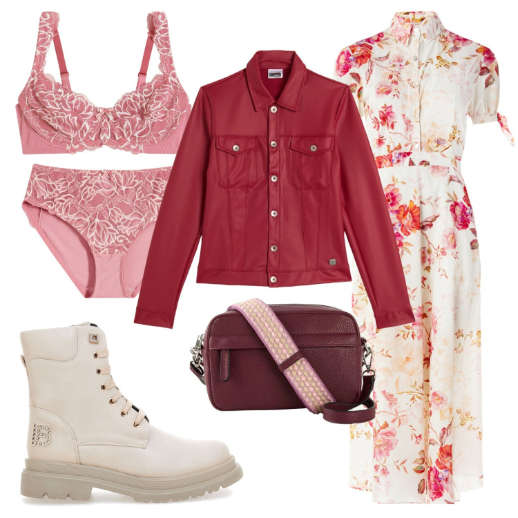 Outfit donna - Abito a fiori, caffè con amiche. Stile Romantica per Tutti i giorni. Abbinamento con borse a tracolla, reggiseni, culotte, giacche, vestiti chemisier, anfibi.