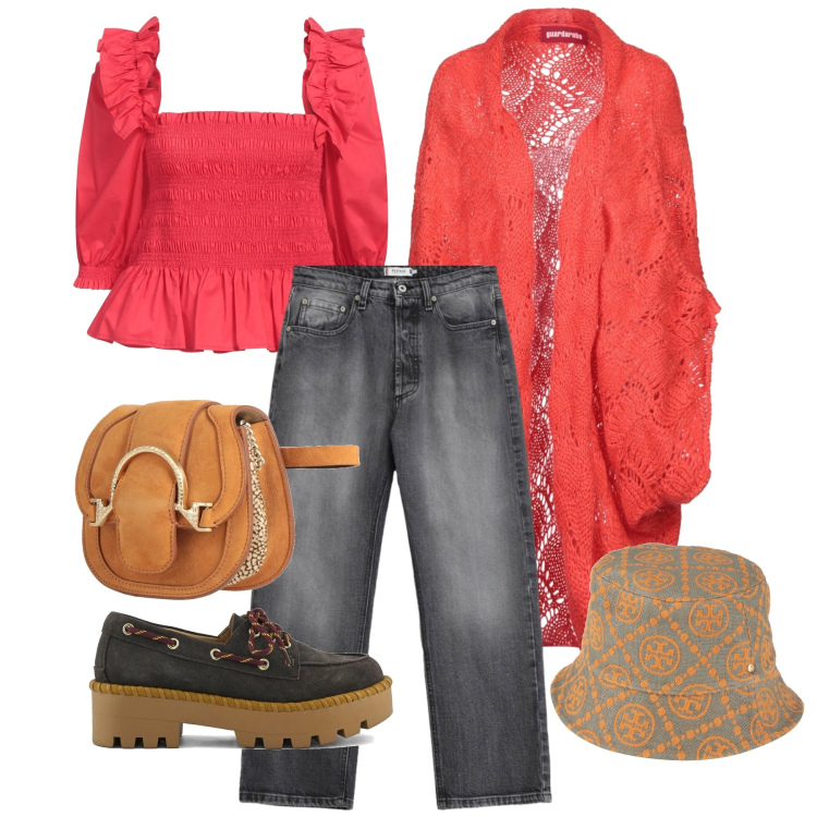 Outfit donna - Marzo. Stile Trendy per Tutti i giorni. Abbinamento con cardigans, marsupi, cappelli, top, jeans, mocassini.