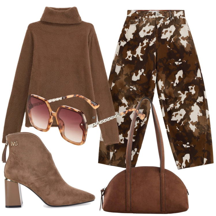 Outfit donna - Total look #2350385. Stile Trendy per Tutti i giorni. Abbinamento con occhiali da sole, borse a tracolla, pantaloni a palazzo, maglieria, stivaletti.