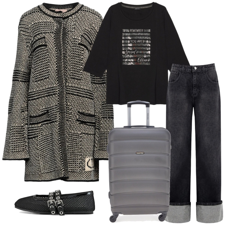 Outfit donna - Total look #2350387. Stile Casual chic per Tutti i giorni. Abbinamento con cappotti, t-shirt, jeans, ballerine, valigie.