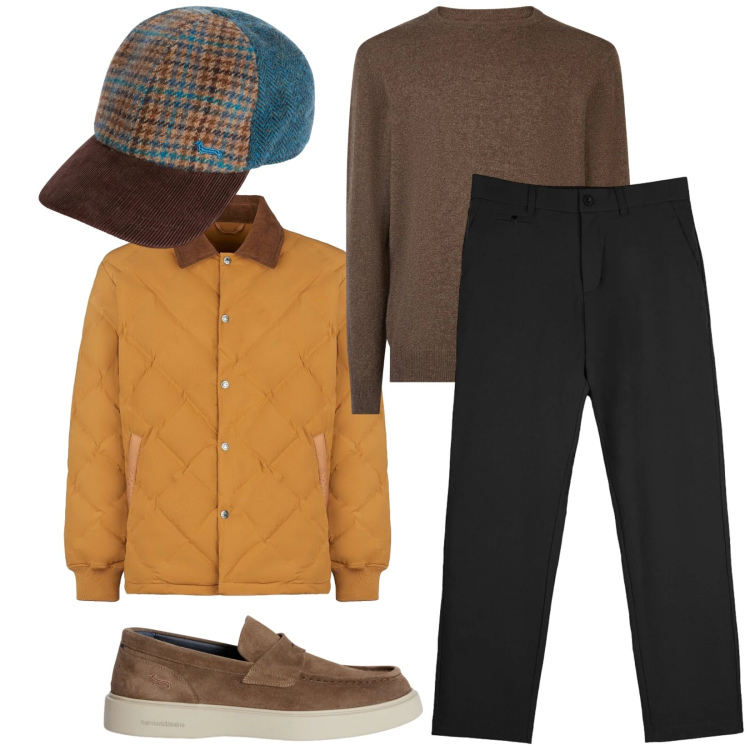 Outfit uomo - Total look #2350400. Stile Trendy per Tutti i giorni. Abbinamento con cappelli con visiera, scarpe stringate, pantaloni chino, giacche, maglieria.