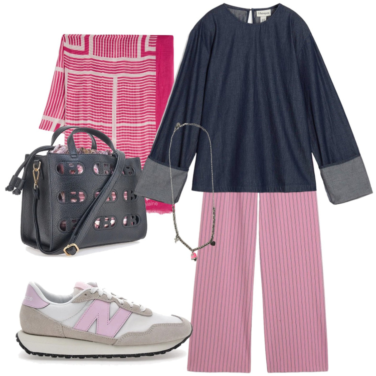 Outfit donna - Blusa in jeans. Stile Casual per Tutti i giorni. Abbinamento con bluse, pantaloni, sciarpe, ciondoli, sneakers, borse a mano.