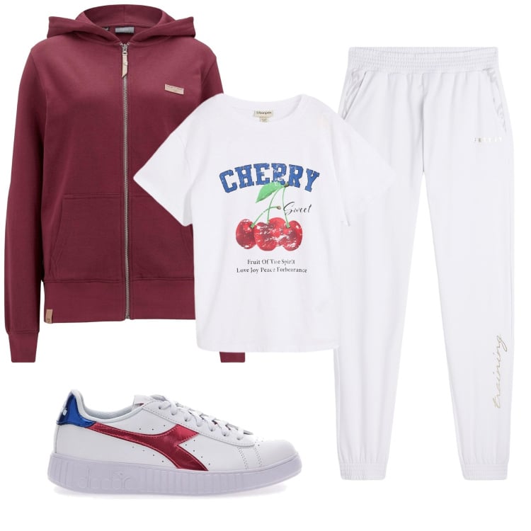 Outfit donna - Total look #2350402. Stile Casual per Sport. Abbinamento con felpe con cappuccio, t-shirt, pantaloni, sneakers.