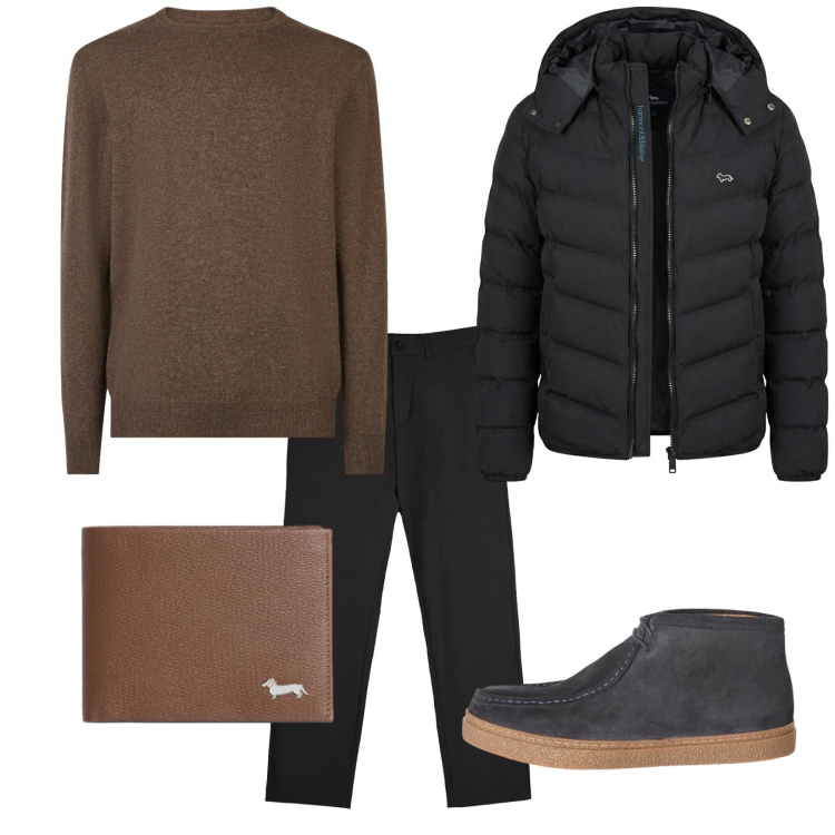 Outfit uomo - Total look #2350411. Stile Casual per Serata speciale. Abbinamento con stivali e stivaletti, portafogli, piumini, pantaloni chino, maglieria.