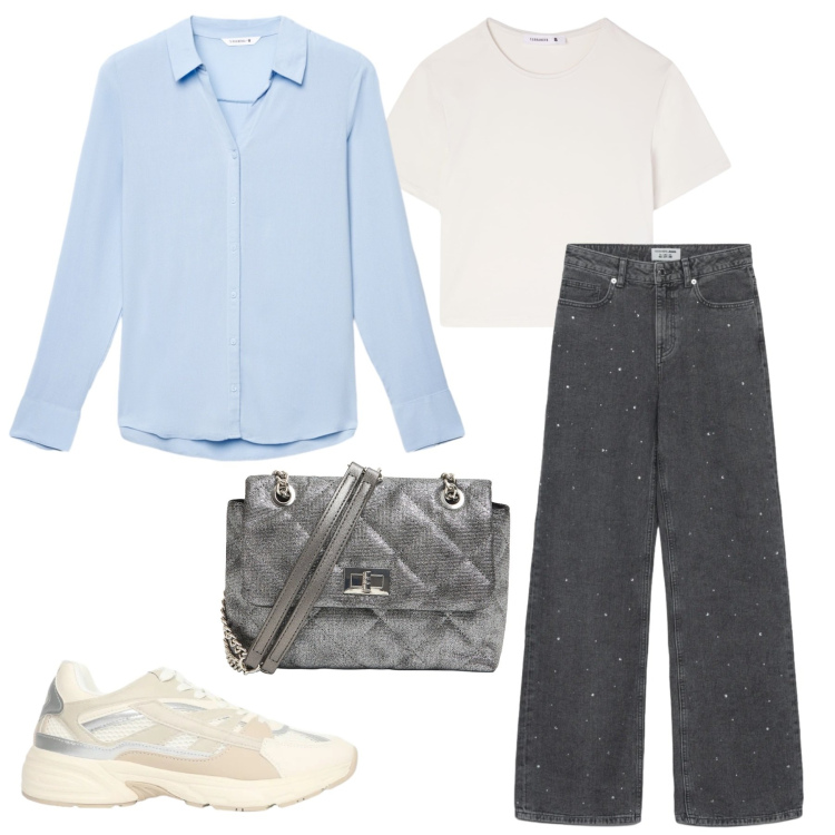 Outfit donna - Luce di primavera. Stile Casual per Tutti i giorni. look ideale per Tall. Abbinamento con camicie, jeans dritti, sneakers, t-shirt, borse a tracolla.