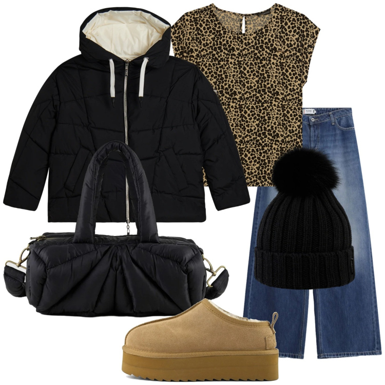 Outfit donna - Marzo. Stile Casual per Tutti i giorni. Abbinamento con jeans, piumini, t-shirt, berretti, borse a mano, sabot.