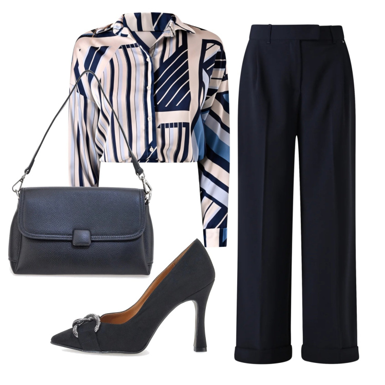 Outfit donna - Total look #2350419. Stile Chic per Serata fuori. Abbinamento con pantaloni, camicie, décolleté, borse a spalla.