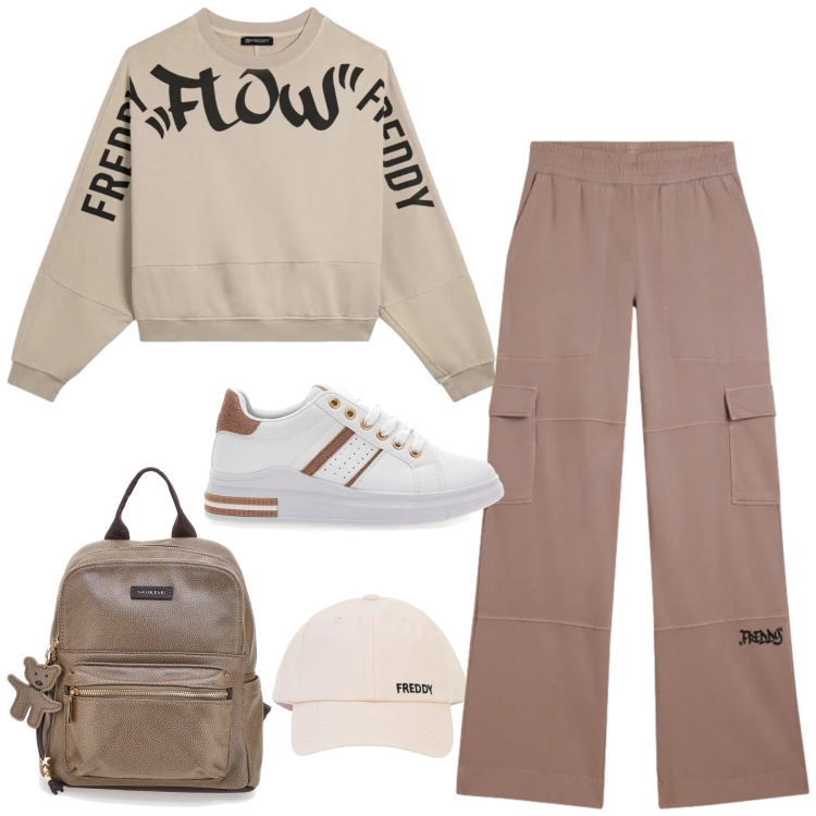 Outfit donna - Gorpcore soft city. Stile Urban per Tutti i giorni. look ideale per Tall. Abbinamento con pantaloni cargo, cappelli con visiera, felpe, sneakers, zaini.