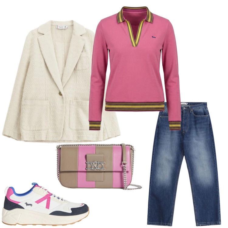 Outfit donna - Pop Chic per il Weekend. Stile Casual chic per Tutti i giorni. Abbinamento con sneakers, polo, borse a spalla, blazer, jeans dritti.