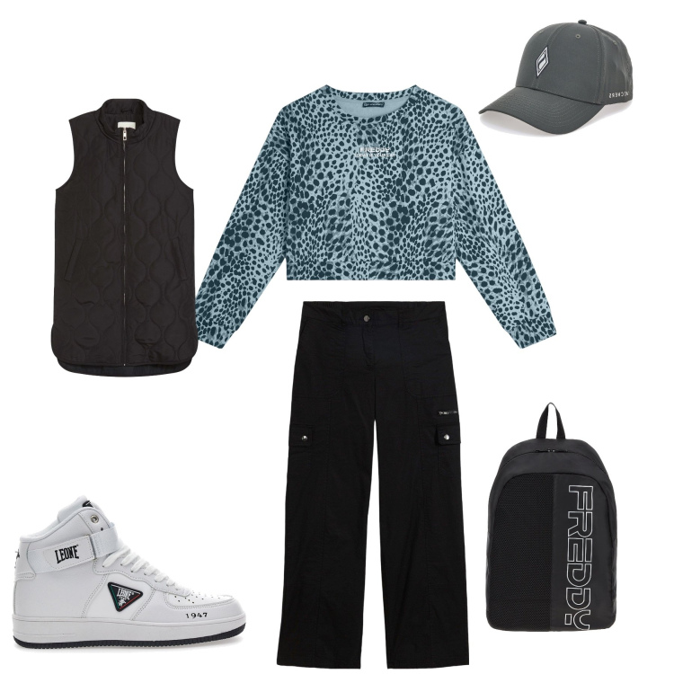 Outfit donna - Urban Jungle Streetwear. Stile Casual chic per Tutti i giorni. Abbinamento con pantaloni cargo, piumini, felpe, zaini, cappelli con visiera, sneakers alte.