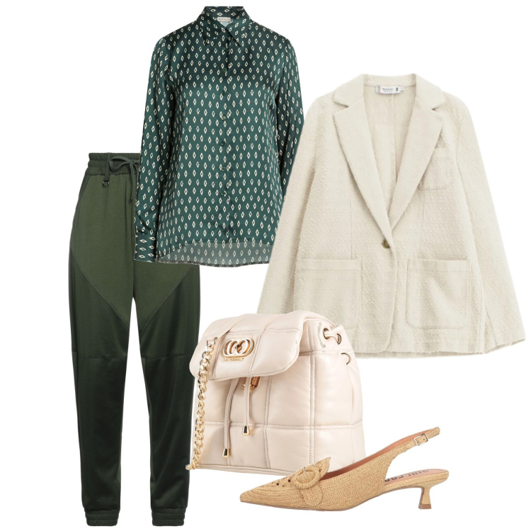 Outfit donna - Gorpcore Metropolitano - @cindyart. Stile Urban per Tutti i giorni. Abbinamento con camicie, décolleté, valigie, pantaloni sportivi, blazer.