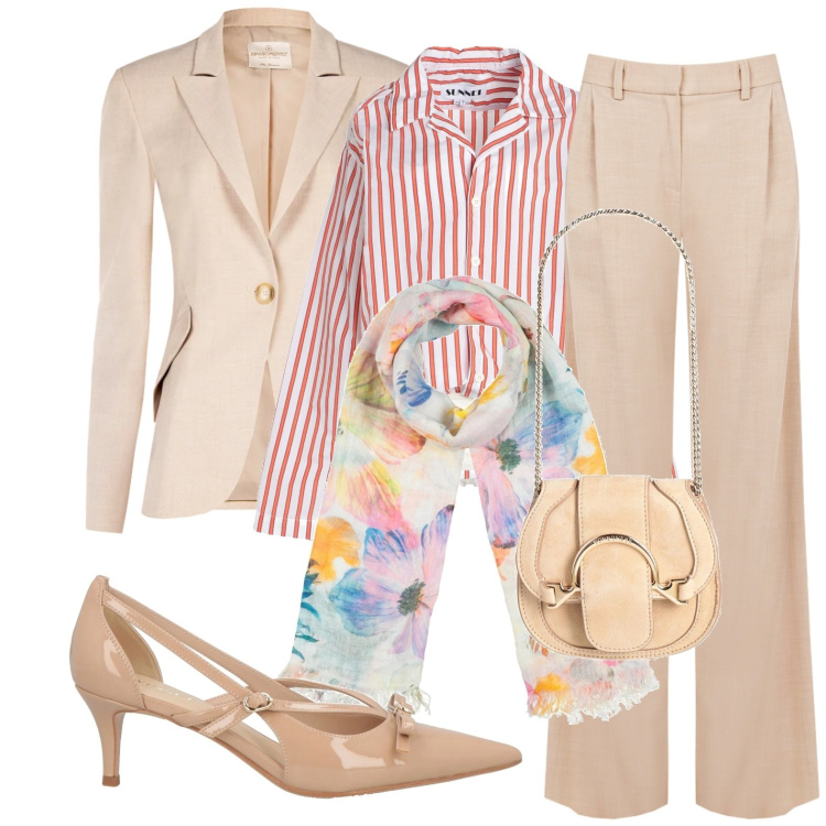Outfit donna - Primavera in beige. Stile Chic per Tutti i giorni. Abbinamento con décolleté, marsupi, sciarpe, body, pantaloni a palazzo, blazer.
