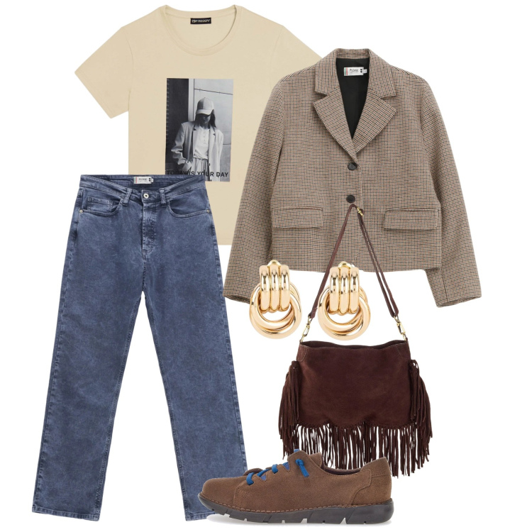 Outfit donna - Marzo. Stile Casual per Tutti i giorni. Abbinamento con borse a tracolla, orecchini, t-shirt, jeans dritti, blazer, scarpe stringate.