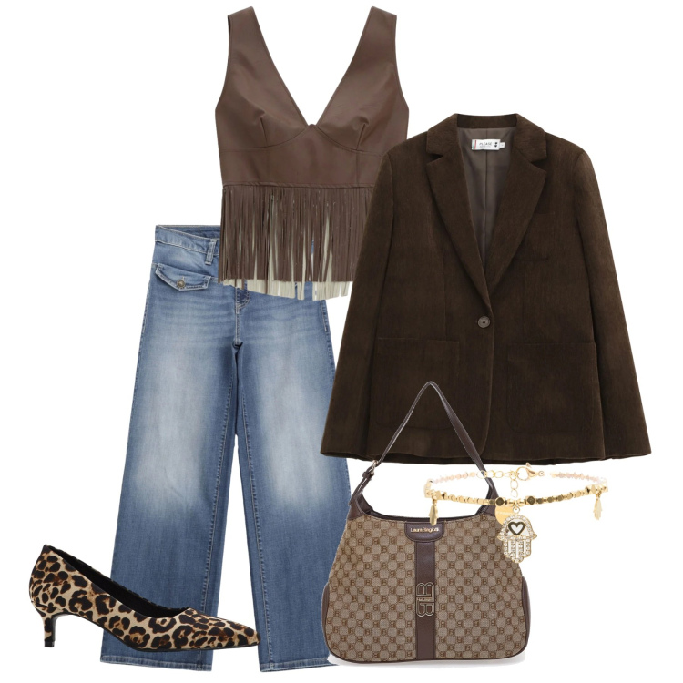 Outfit donna - Frange. Stile Casual chic per Tutti i giorni. Abbinamento con décolleté, braccialetti, blazer, jeans, top, borse a spalla.