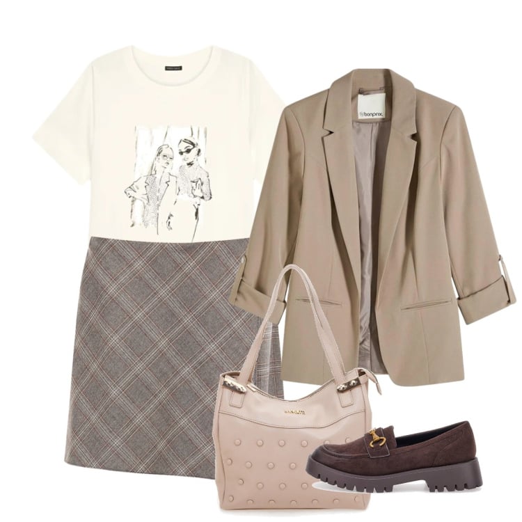 Outfit donna - Preppy for today. Stile Preppy per Tutti i giorni. Abbinamento con blazer, t-shirt, minigonne, mocassini, shopping bag.