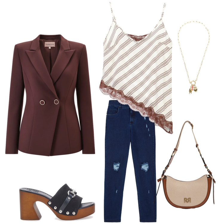 Outfit donna - Urban Lace Elegance. Stile Glamour per Tutti i giorni. Abbinamento con jeans skinny, ciondoli, top, borse a tracolla, blazer, zoccoli.