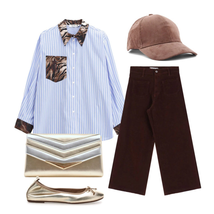 Outfit donna - Marzo. Stile Trendy per Tutti i giorni. Abbinamento con camicie, pantaloni, pochette, cappelli con visiera, ballerine.