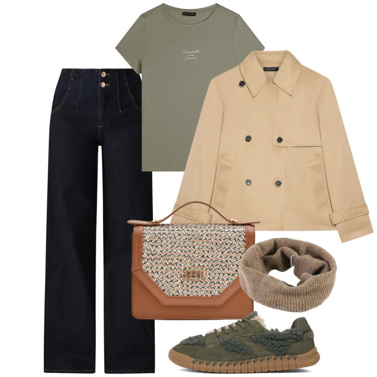 Outfit donna - Primavera. Stile Bon Ton per Tutti i giorni. Abbinamento con trench, t-shirt, pochette, jeans, scaldacollo, sneakers.