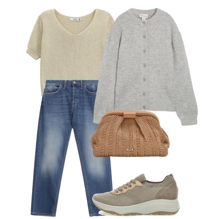 Outfit donna - Daily casual. Stile Casual per Tutti i giorni. Abbinamento con cardigans, maglieria, jeans dritti, pochette, scarpe stringate.
