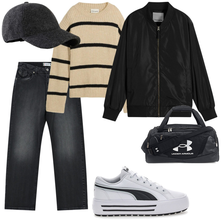 Outfit donna - Portare Laki. per Tutti i giorni. Abbinamento con bomber, maglieria, cappelli con visiera, jeans dritti, sneakers, zaini.