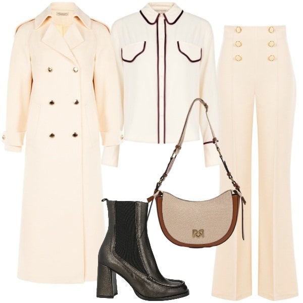 Outfit donna - Marzo. Stile Chic per Ufficio. Abbinamento con stivaletti chelsea, borse a tracolla, camicie, pantaloni, cappotti.