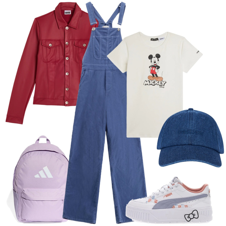 Outfit donna - Denim di mezza stagione. Stile Sporty chic per Tutti i giorni. Abbinamento con cappelli con visiera, giacche, t-shirt, salopette, sneakers, zaini.
