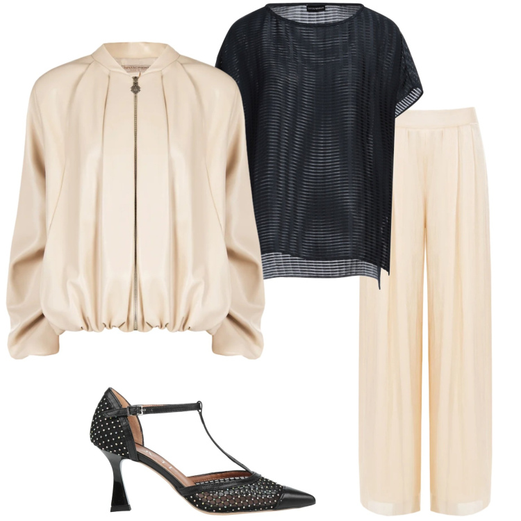 Outfit donna - Binomio perfetto. Stile Chic per Serata fuori. Abbinamento con décolleté, top, bomber, pantaloni a palazzo.