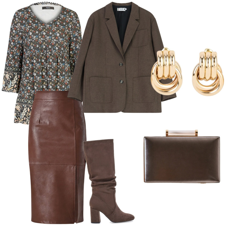 Outfit donna - A lavoro. per Ufficio. Abbinamento con tuniche, orecchini, blazer, gonne longuette, clutch, stivali sopra il ginocchio.