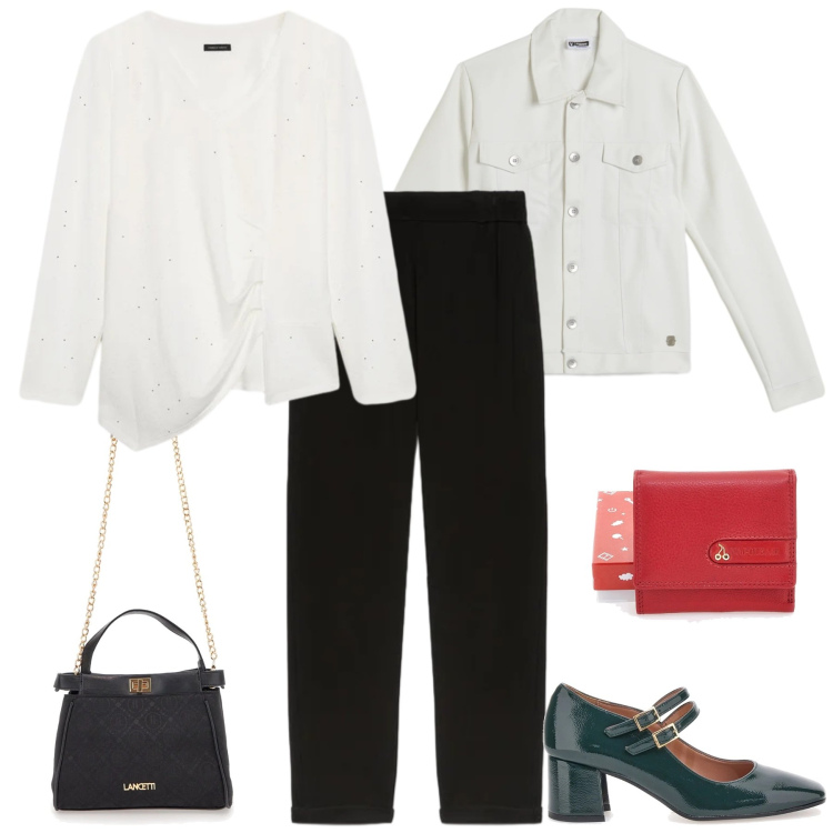 Outfit donna - Total look #2350484. Stile Casual chic per Tutti i giorni. Abbinamento con t-shirt, pantaloni, giacche, décolleté, portafogli, borse a tracolla.