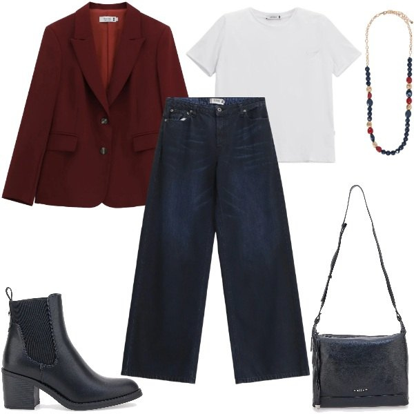 Outfit donna - Basic in Saldo. Stile Basic per Tutti i giorni. Abbinamento con collane, jeans, blazer, t-shirt, stivaletti, borse a tracolla.