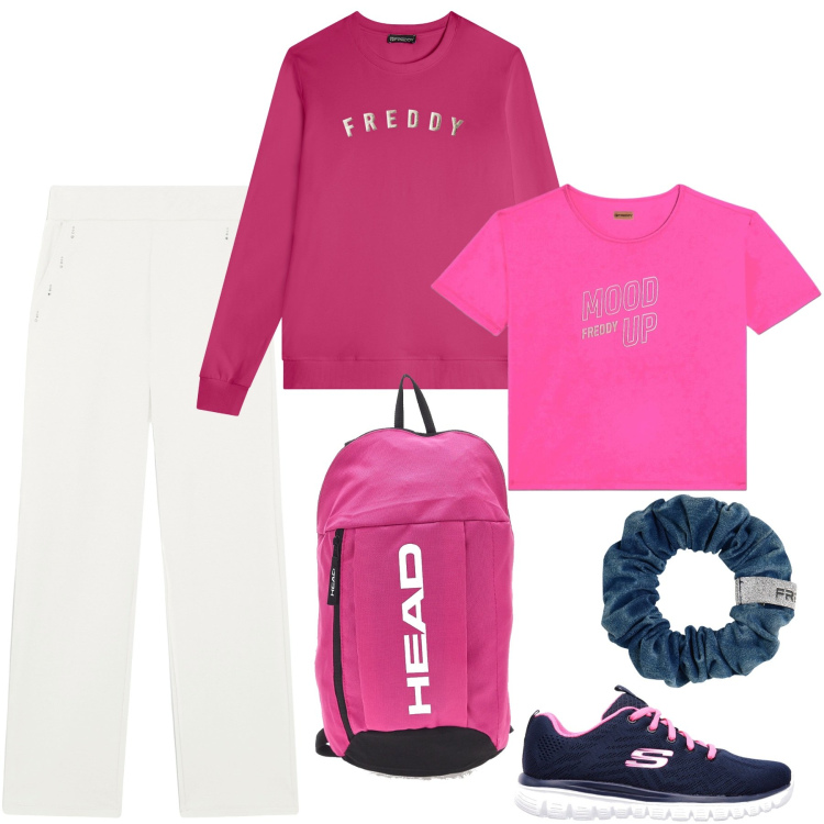 Outfit donna - Total look #2350492. Stile Sporty chic per Sport. Abbinamento con pantaloni, accessori per capelli, felpe, t-shirt, scarpe sportive, borse sportive.