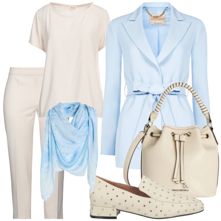 Outfit donna - Look. Stile Casual per Tutti i giorni. Abbinamento con mocassini, sciarpe, top, pantaloni, borse a secchiello, blazer.