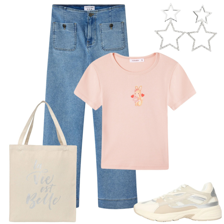 Outfit donna - Terranova - Spring Starts Here. Stile Sporty chic per Tutti i giorni. Abbinamento con jeans, sneakers, borse tote, orecchini, t-shirt.