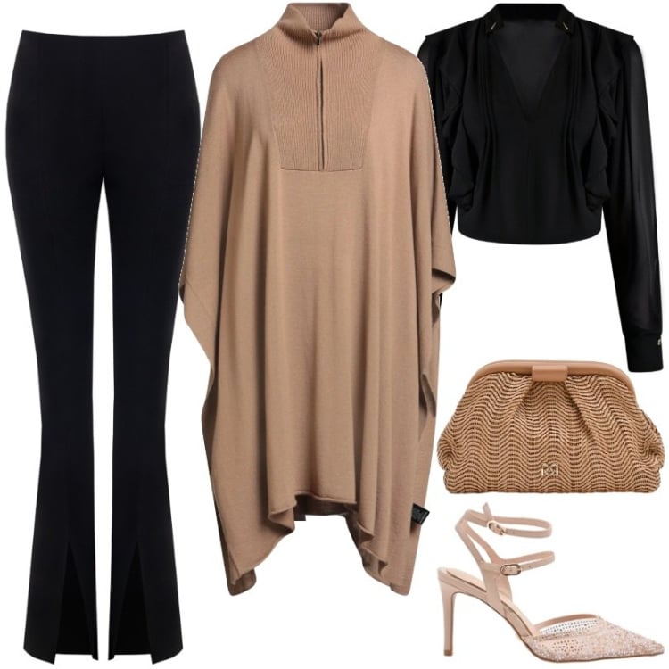 Outfit donna - Il poncho stiloso per la sera. Stile Casual chic per Serata fuori. Abbinamento con cappotti, pochette, décolleté, pantaloni, bluse.