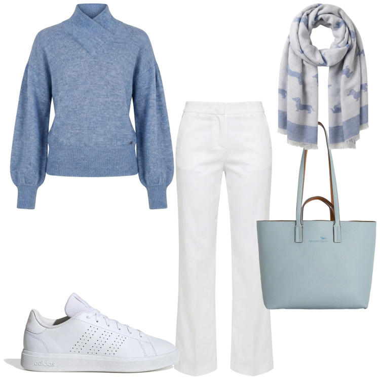 Outfit donna - Tonalità soft. Stile Casual chic per Ufficio. Abbinamento con sciarpe, pantaloni, maglieria, shopping bag, sneakers.