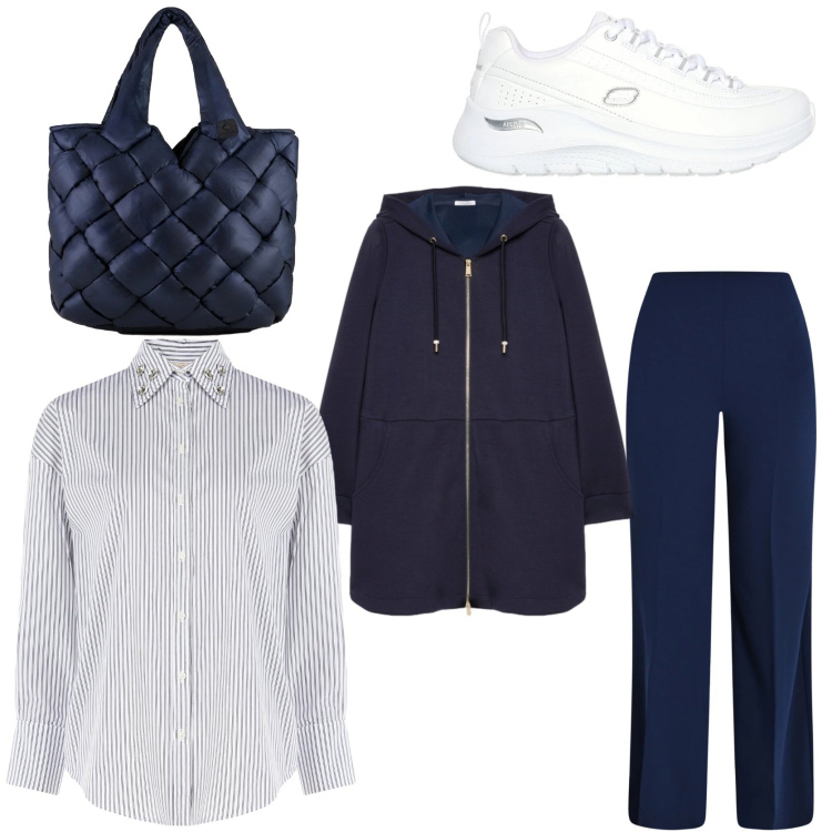 Outfit donna - In ufficio. Stile Casual chic per Ufficio. Abbinamento con felpe con cappuccio, pantaloni a palazzo, camicie, borse tote, sneakers.