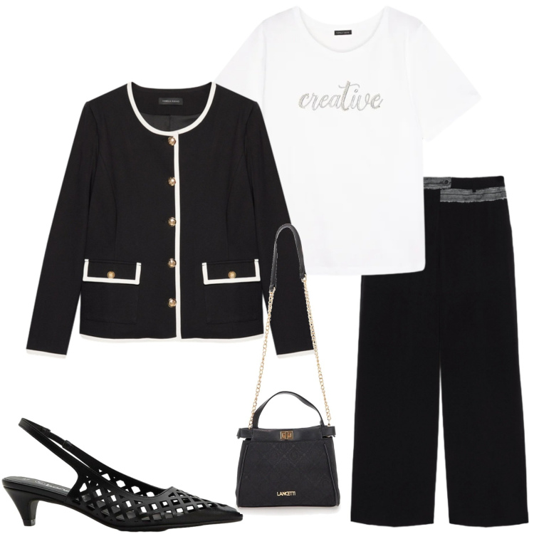 Outfit donna - Classico bianco e nero. Stile Casual chic per Serata fuori. Abbinamento con décolleté, t-shirt, blazer, pantaloni, borse a tracolla.