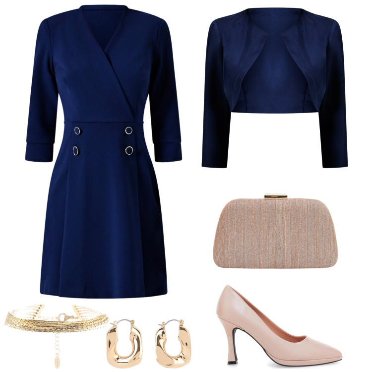 Outfit donna - Total look #2350505. Stile Chic per Cerimonia. Abbinamento con orecchini, braccialetti, pochette, vestiti corti, bolero, décolleté.