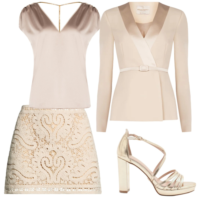Outfit donna - Look nude. Stile Glamour per Cerimonia. Abbinamento con minigonne, sandali col tacco, blazer, top.