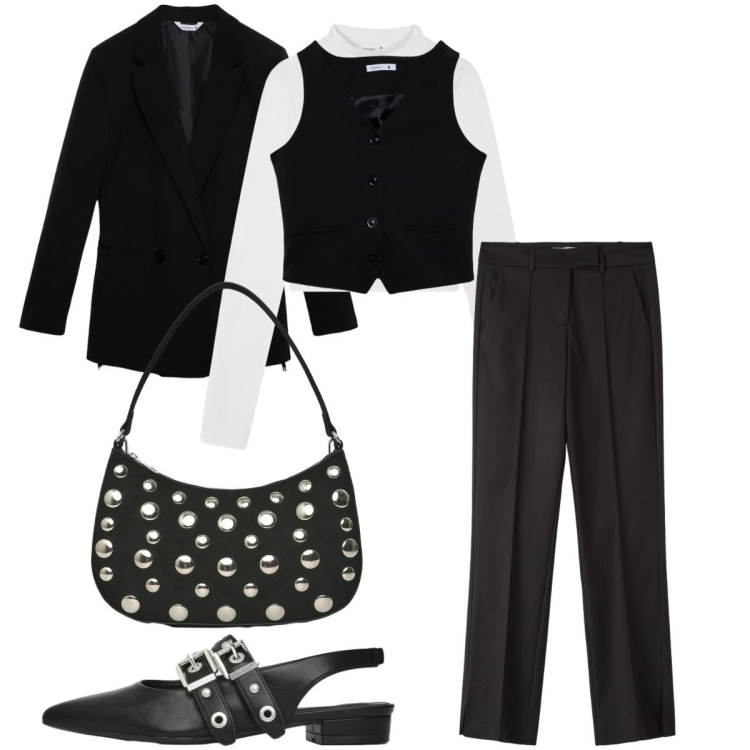 Outfit donna - Completo maschile. Stile Mannish per Tutti i giorni. Abbinamento con t-shirt, gilet, blazer, pantaloni, ballerine, borse a tracolla.