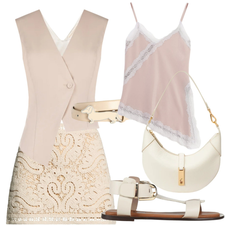 Outfit donna - Look estivo. Stile Casual per Tutti i giorni. Abbinamento con minigonne, sandali alla schiava, cinture, canottiere, gilet, borse a spalla.