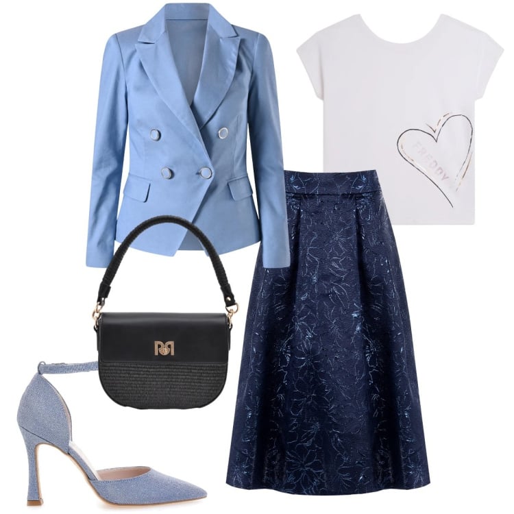 Outfit donna - Elegante anche con la t-shirt. Stile Casual chic per Tutti i giorni. Abbinamento con borse a spalla, gonne longuette, blazer, t-shirt, décolleté.