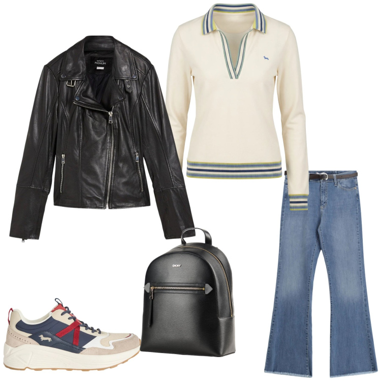 Outfit donna - Jet-Set Preppy Rebel. Stile Casual chic per Tutti i giorni. Abbinamento con zaini, blazer, polo, sneakers, jeans.