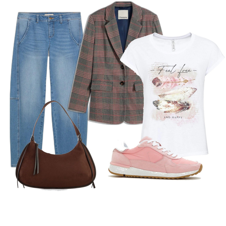 Outfit femme - En blazer. Style Urban pour Ecole/Université. Assortir avec t-shirts, jeans, blazers, sacs en bandoulière, sneakers.