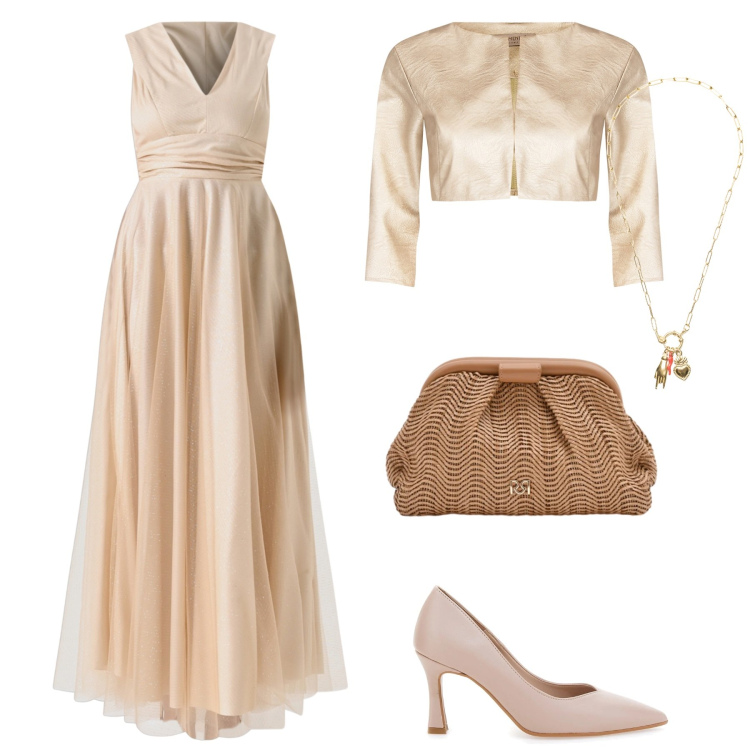 Outfit donna - Total look #2350515. Stile Romantica per Cerimonia. Abbinamento con ciondoli, bolero, pochette, vestiti lunghi, décolleté.