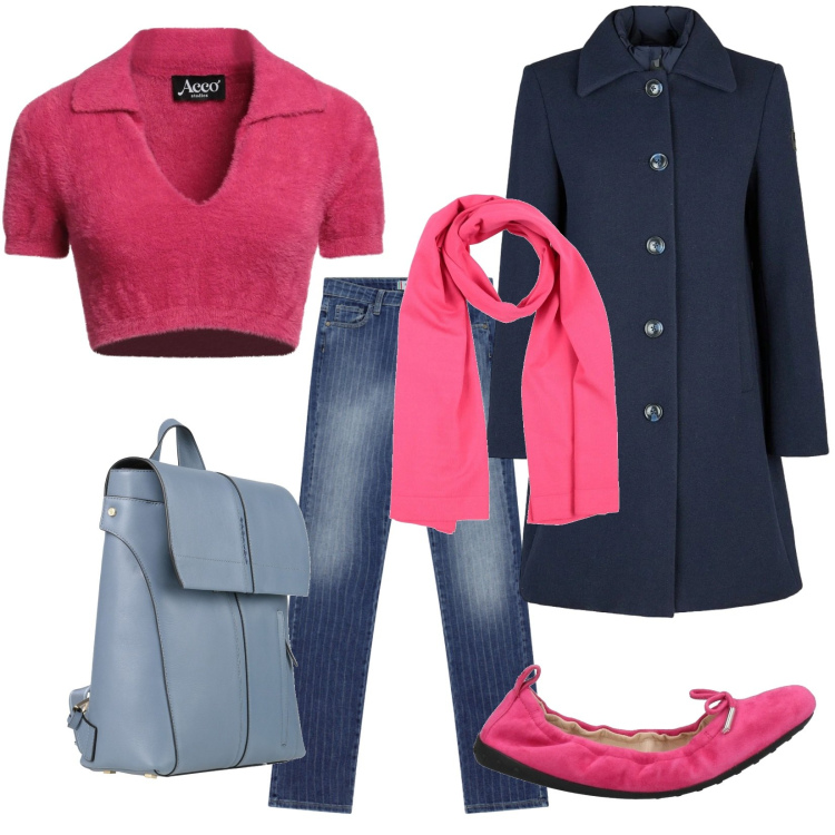 Outfit donna - Oggi fucsia e blu. Stile Trendy per Tutti i giorni. Abbinamento con ballerine, sciarpe, pullovers, zaini, jeans, cappotti.