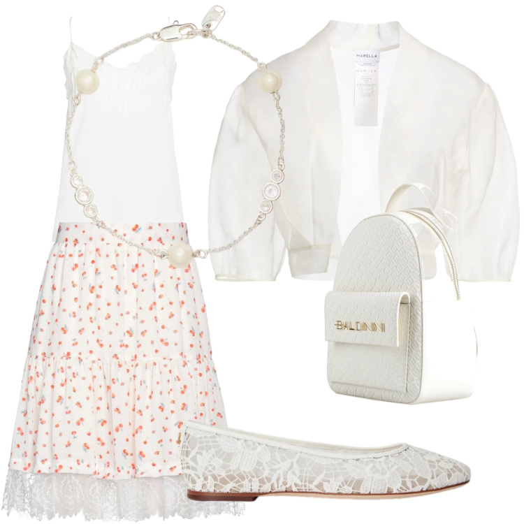 Outfit donna - Look estivo. Stile Romantica per Tutti i giorni. Abbinamento con zaini, blazer, top, minigonne, braccialetti, ballerine.