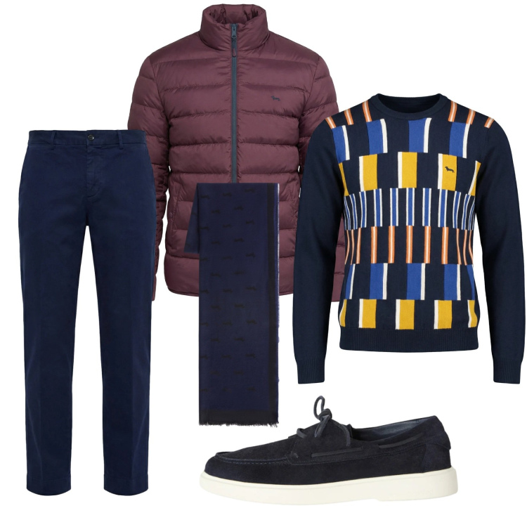 Outfit uomo - Una domenica pomeriggio. Stile Casual per Tutti i giorni. Abbinamento con scarpe stringate, pantaloni chino, pullovers, bomber, sciarpe.